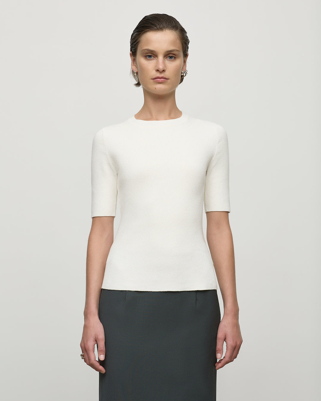 Knit Rib Half Sleeve Top in Ivory