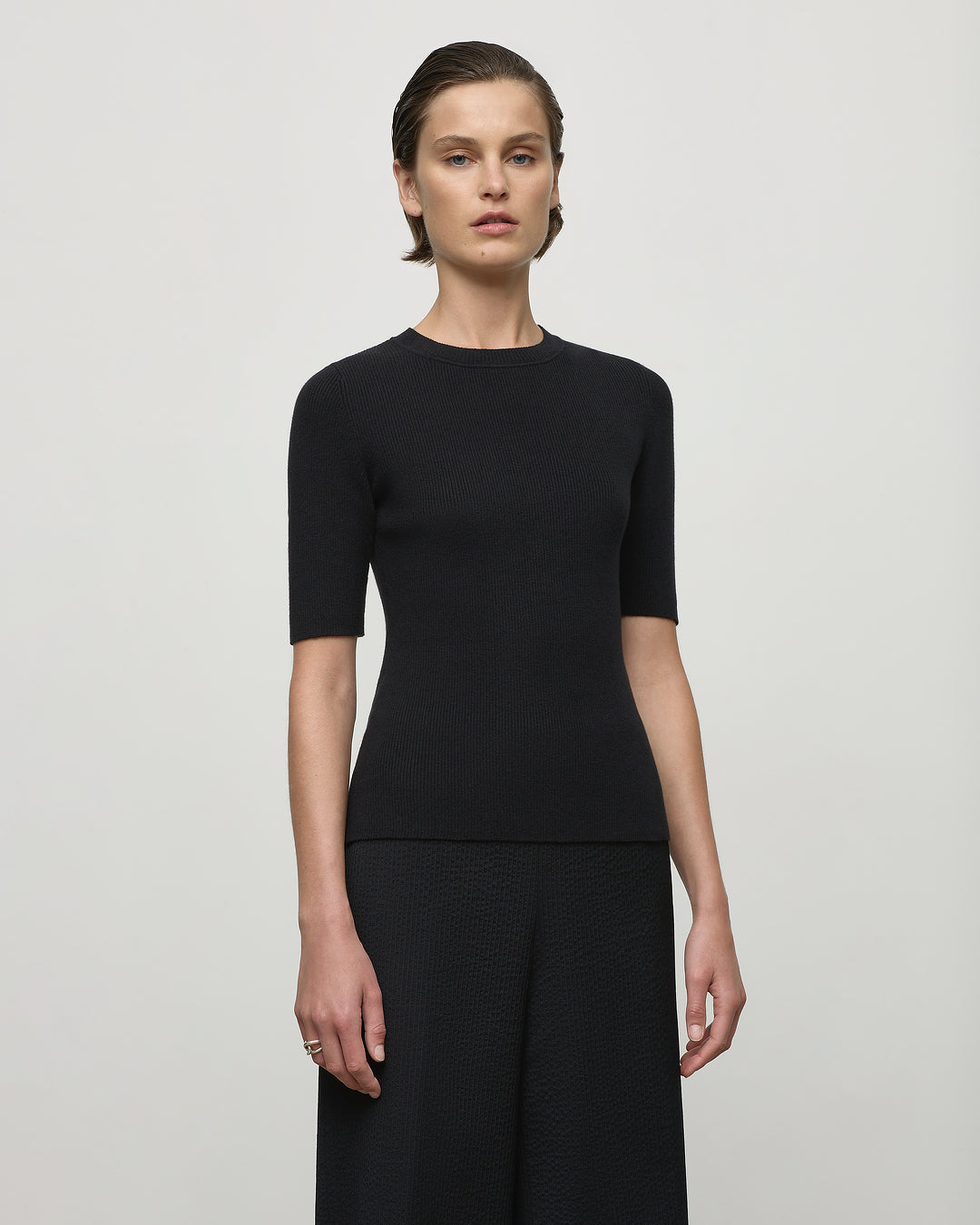 Knit Rib Half Sleeve Top in Black