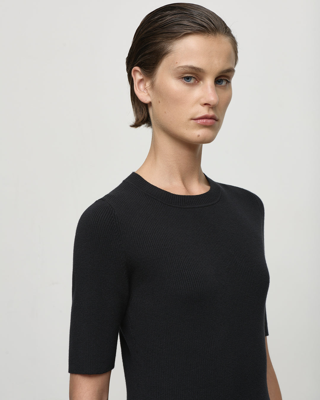 Knit Rib Half Sleeve Top in Black