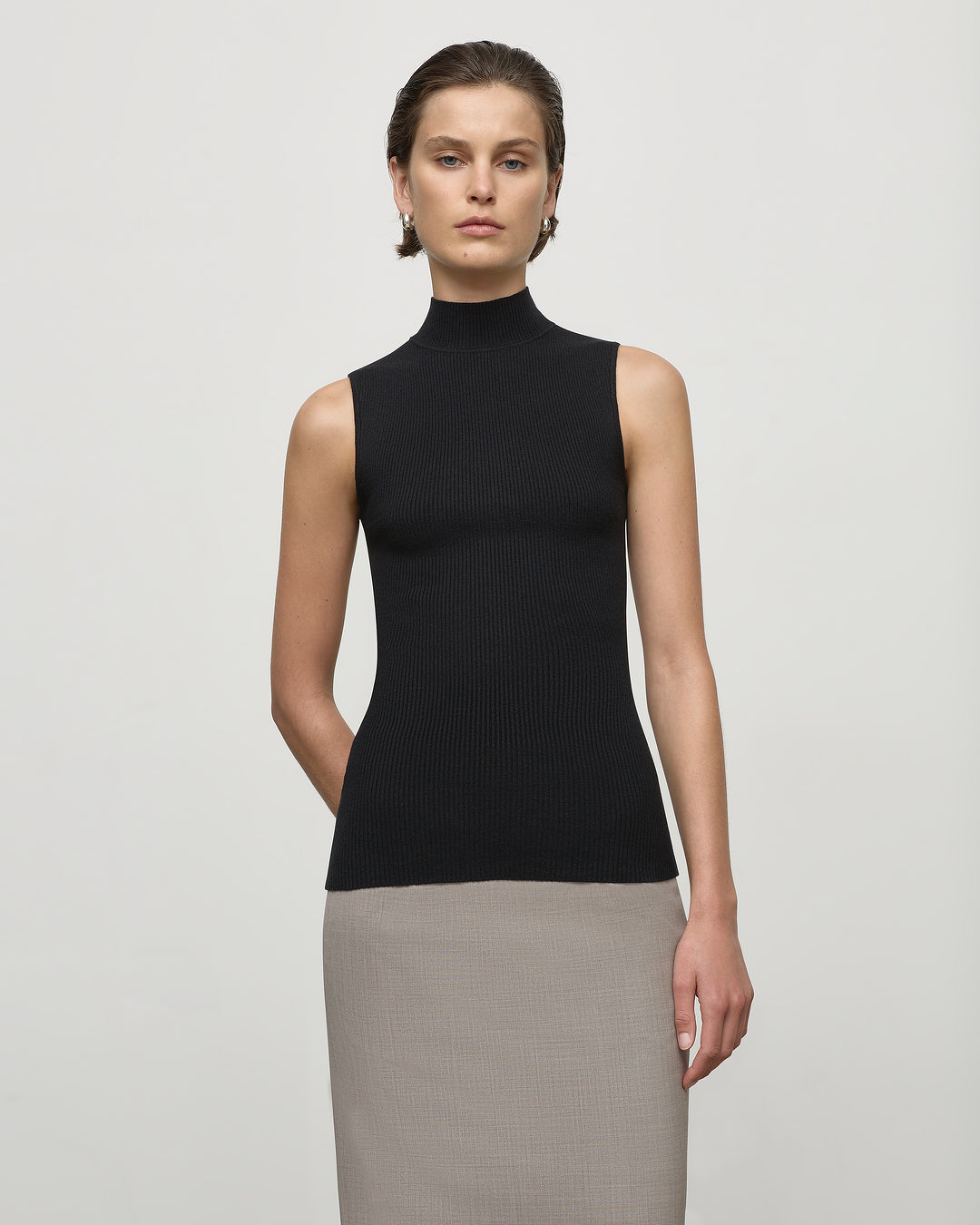 Mock Neck Ribbed Top in Black