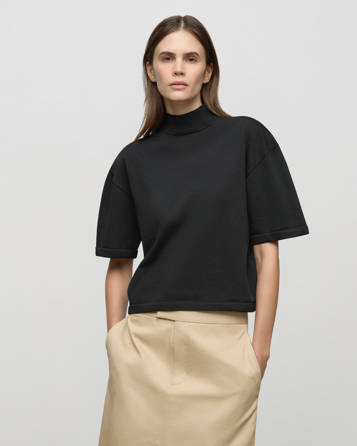 Mock Neck Half Sleeve Knit Top in Black