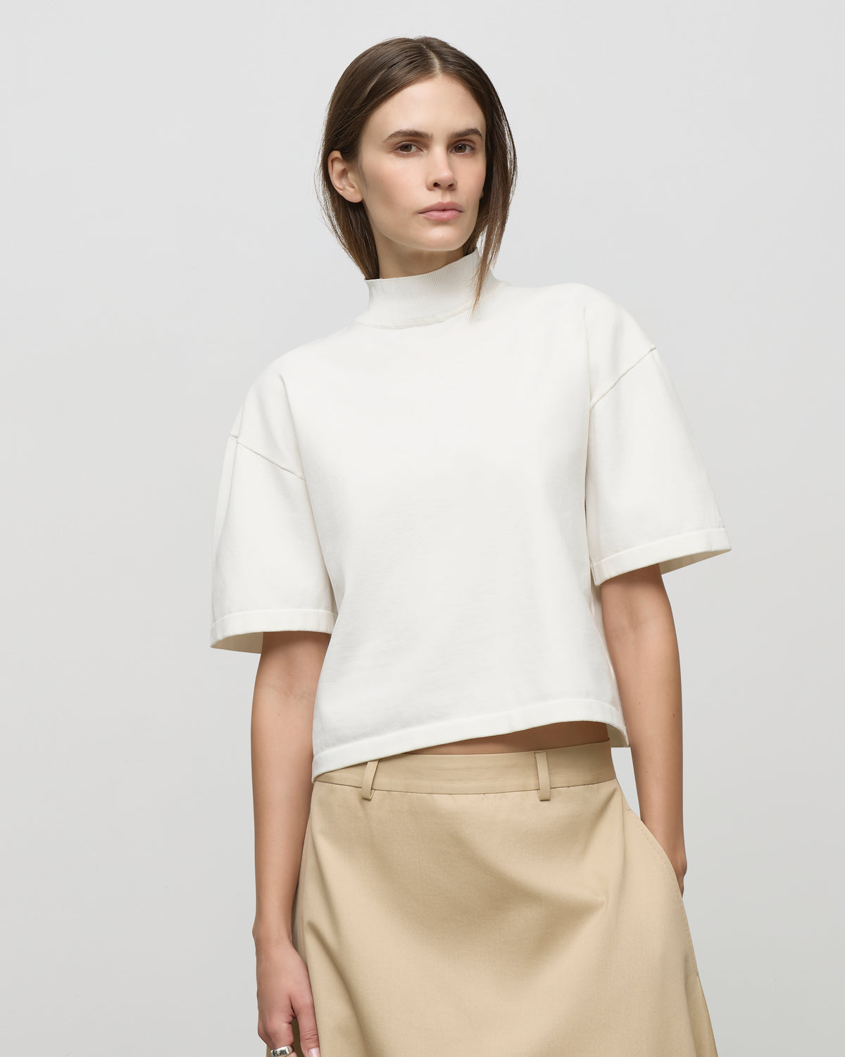 Mock Neck Half Sleeve Knit Top in Ivory