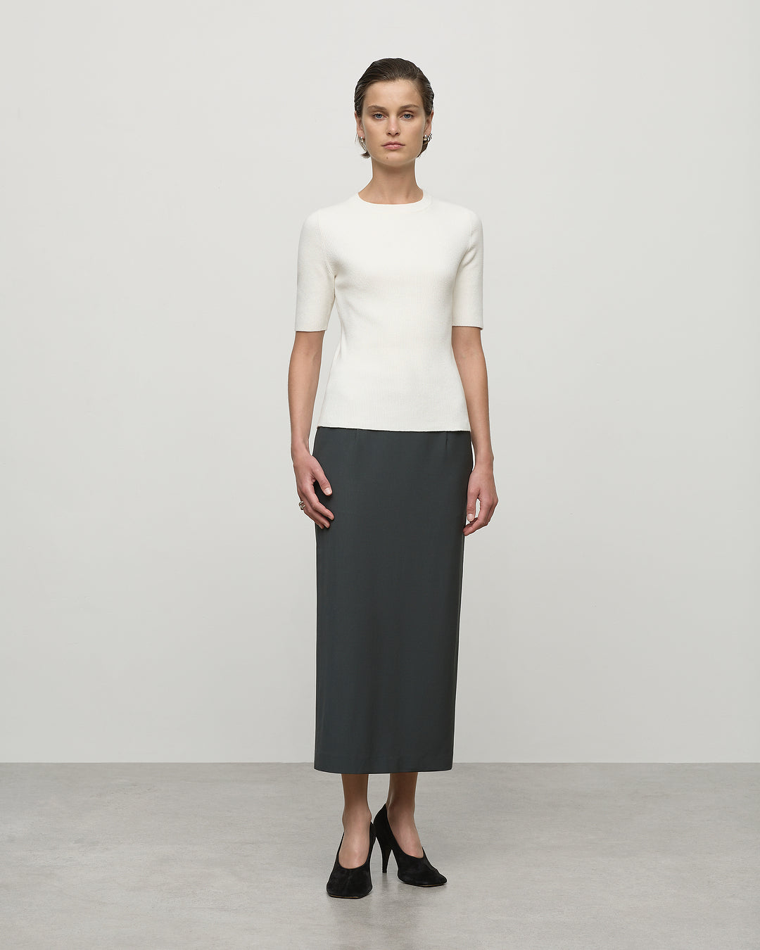 Knit Rib Half Sleeve Top in Ivory