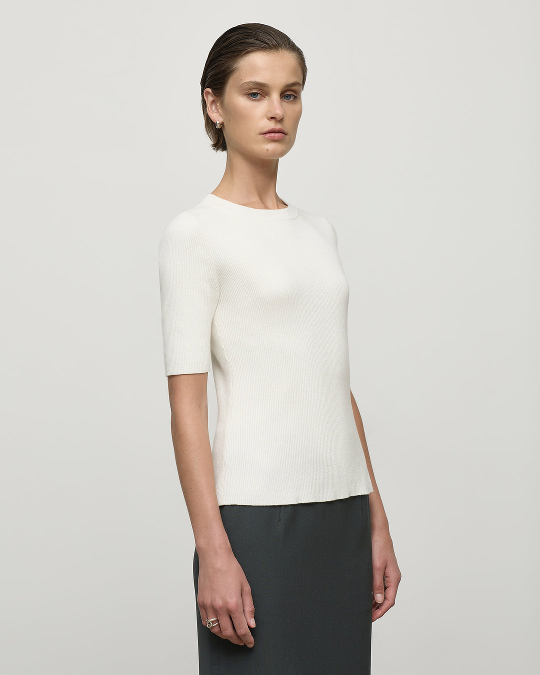 Knit Rib Half Sleeve Top in Ivory